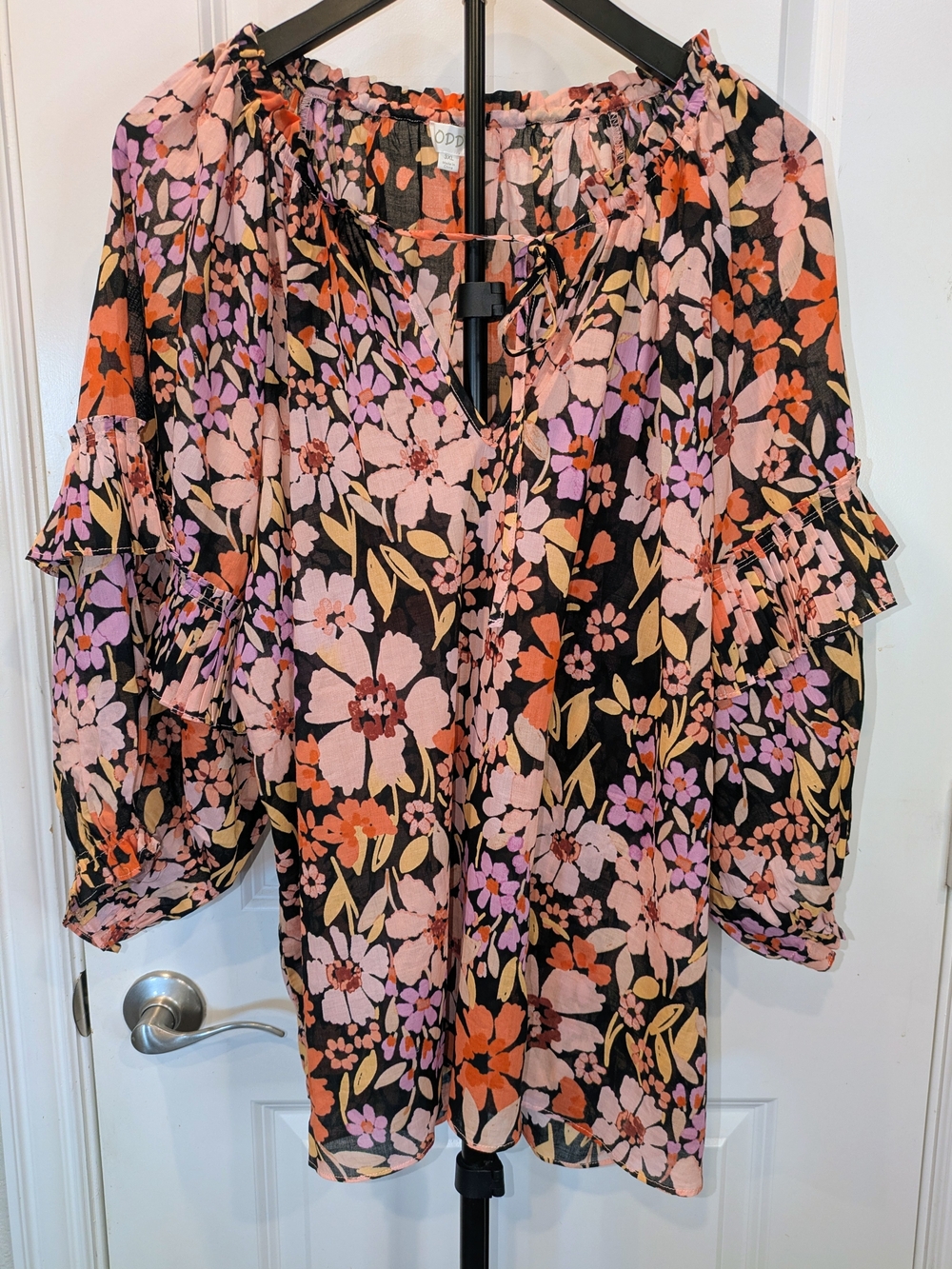 ODDI 3XL Floral Boho Peasant Blouse Balloon Sleeve Ruffle Tie Neck Plus